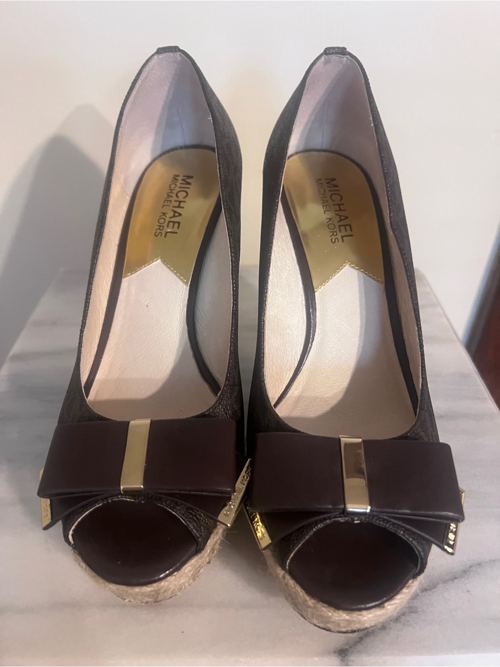 Michael Kors Dark Brown Peep-Toe Wedge Espadrilles with Bow
